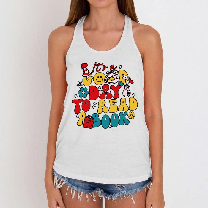 Its A Good Day To Read A Book Reading Day Cat Teachers Women's Knotted Racerback Tank