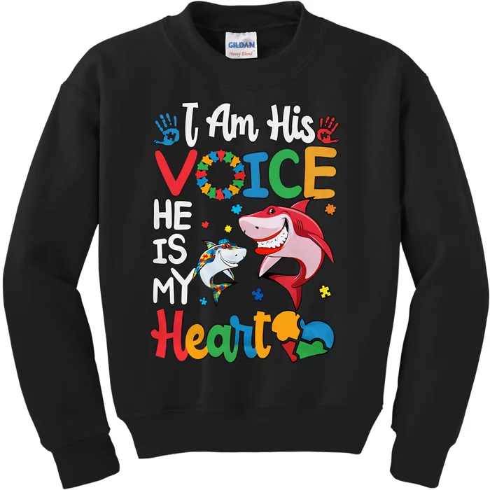 I Am His Voice He Is My Heart Autism Awareness Autism Daddy Mommy Shark Kids Sweatshirt