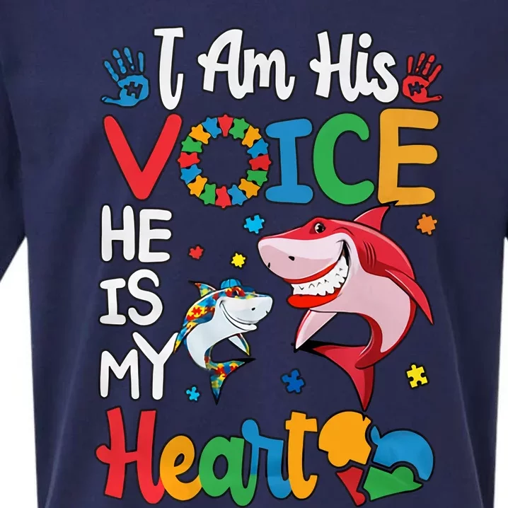 I Am His Voice He Is My Heart Autism Awareness Autism Daddy Mommy Shark Sueded Cloud Jersey T-Shirt