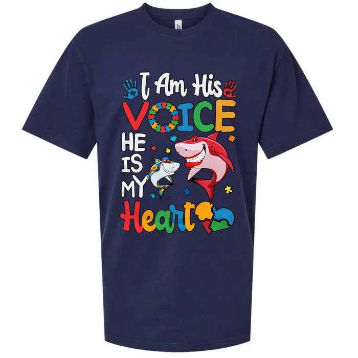 I Am His Voice He Is My Heart Autism Awareness Autism Daddy Mommy Shark Sueded Cloud Jersey T-Shirt