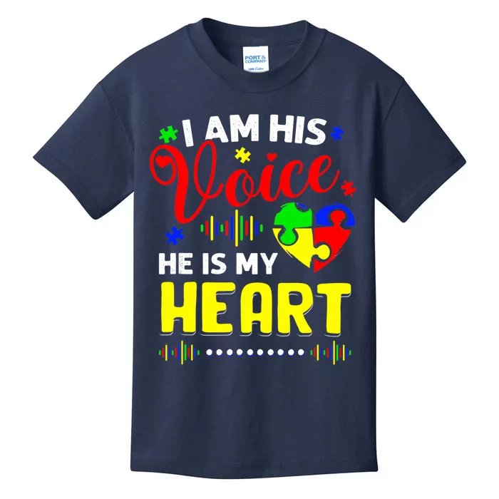 I Am His Voice He Is My Heart Autism Awareness Mom Dad Kids T-Shirt