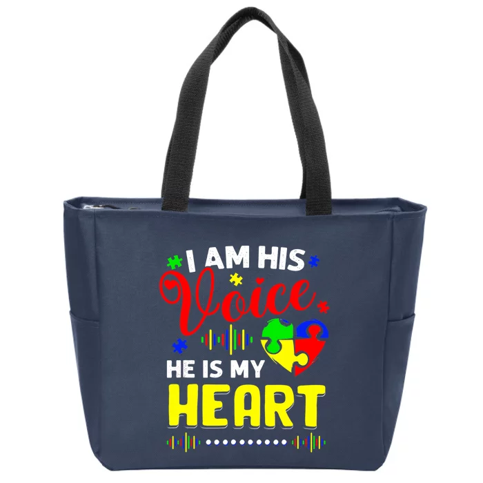 I Am His Voice He Is My Heart Autism Awareness Mom Dad Zip Tote Bag