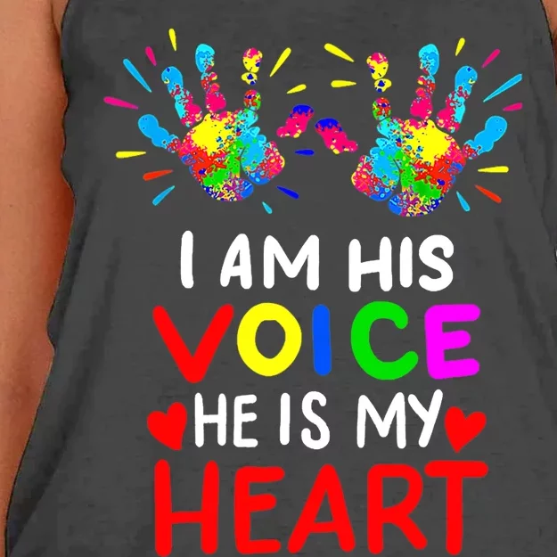 I Am His Voice He Is My Heart Mom Autistic Autism Awareness Women's Knotted Racerback Tank