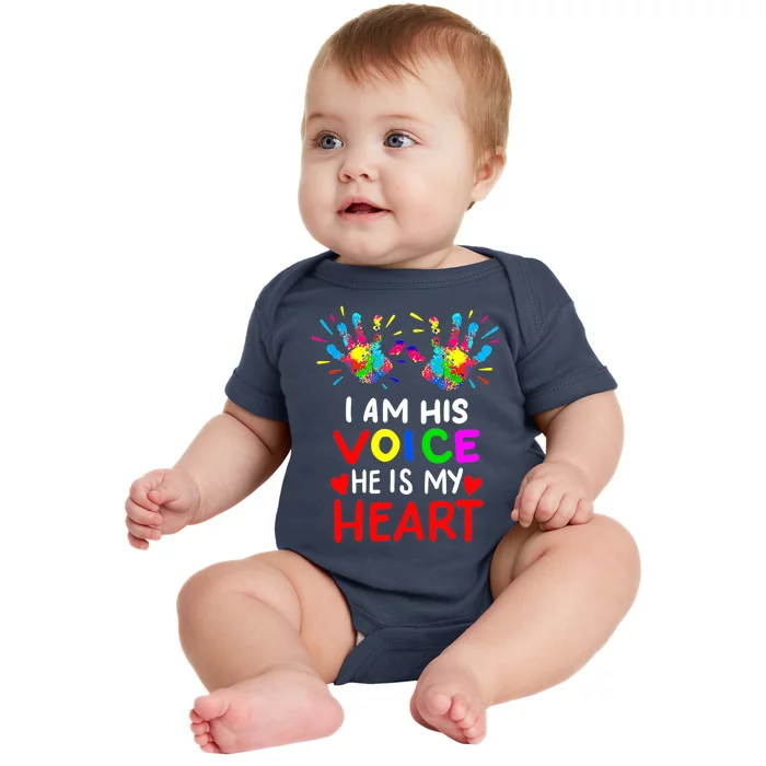 I Am His Voice He Is My Heart Mom Autistic Autism Awareness Baby Bodysuit