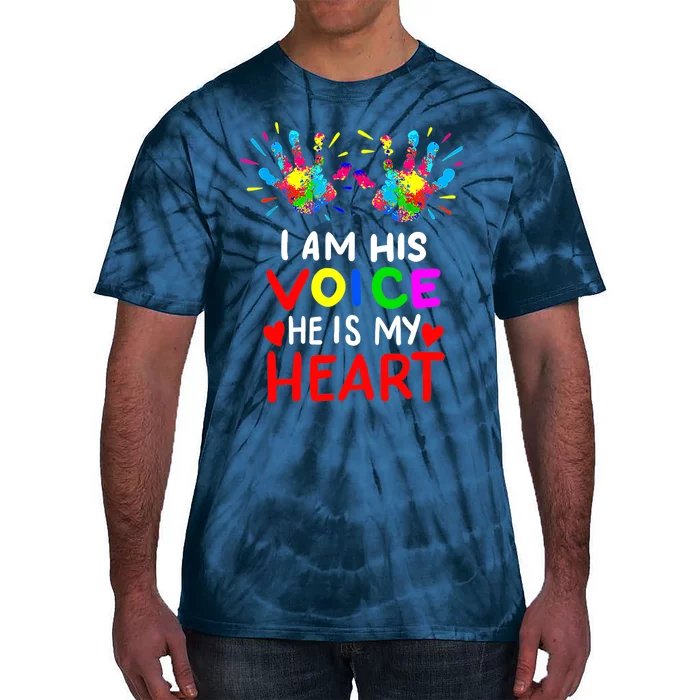 I Am His Voice He Is My Heart Mom Autistic Autism Awareness Tie-Dye T-Shirt