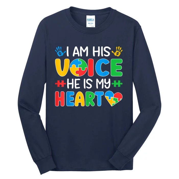 I Am His Voice He Is My Heart Autism Mom Mama Autism Daddy Papa Autism Awareness Tall Long Sleeve T-Shirt