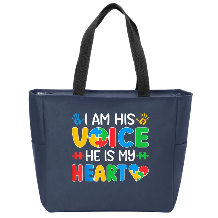 I Am His Voice He Is My Heart Autism Mom Mama Autism Daddy Papa Autism Awareness Zip Tote Bag