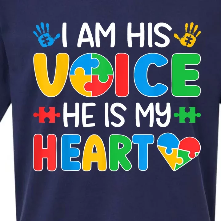 I Am His Voice He Is My Heart Autism Mom Mama Autism Daddy Papa Autism Awareness Sueded Cloud Jersey T-Shirt