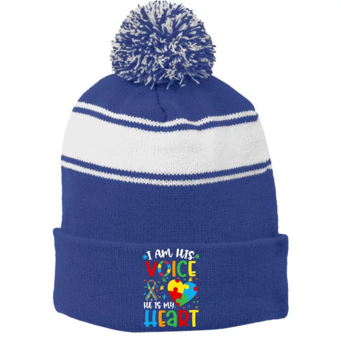 I Am His Voice Mom Mama Autistic Autism Awareness Month Gift Stripe Pom Pom Beanie