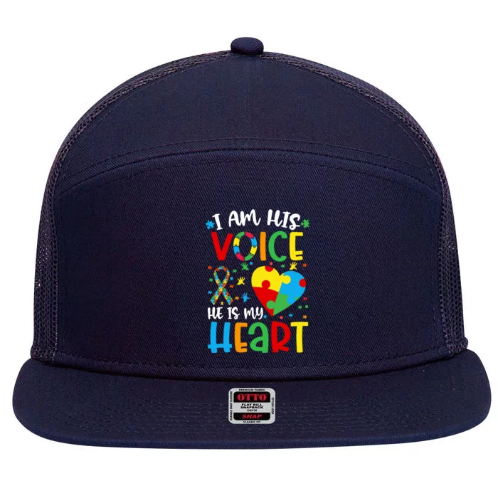 I Am His Voice Mom Mama Autistic Autism Awareness Month Gift 7 Panel Mesh Trucker Snapback Hat