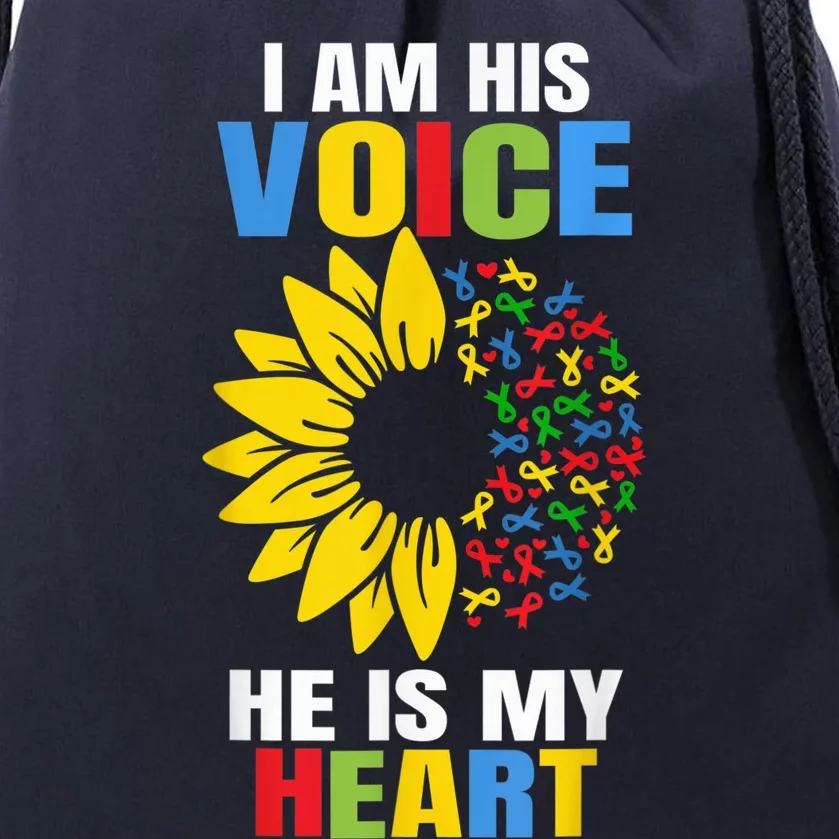 I Am His Voice He Is My Heart Autism Awareness Autism Mom Drawstring Bag