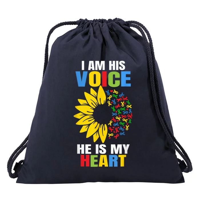 I Am His Voice He Is My Heart Autism Awareness Autism Mom Drawstring Bag