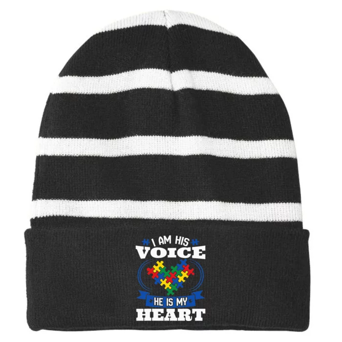 I Am His Voice He Is My Heart Autism Awareness Son Striped Beanie with Solid Band