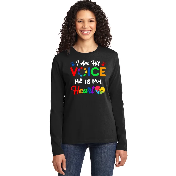 I Am His Voice He Is My Heart Autism Awareness Ladies Long Sleeve Shirt