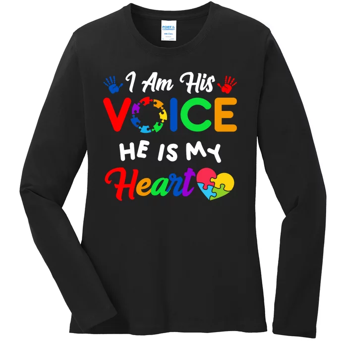 I Am His Voice He Is My Heart Autism Awareness Ladies Long Sleeve Shirt