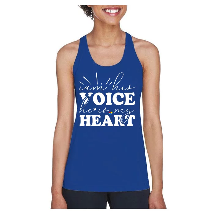 I Am His Voice He Is My Heart Autism Awareness Women's Racerback Tank