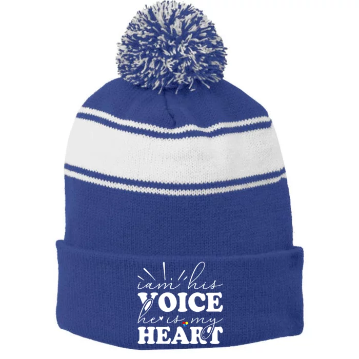 I Am His Voice He Is My Heart Autism Awareness Stripe Pom Pom Beanie