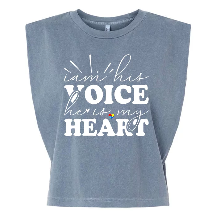 I Am His Voice He Is My Heart Autism Awareness Garment-Dyed Women's Muscle Tee