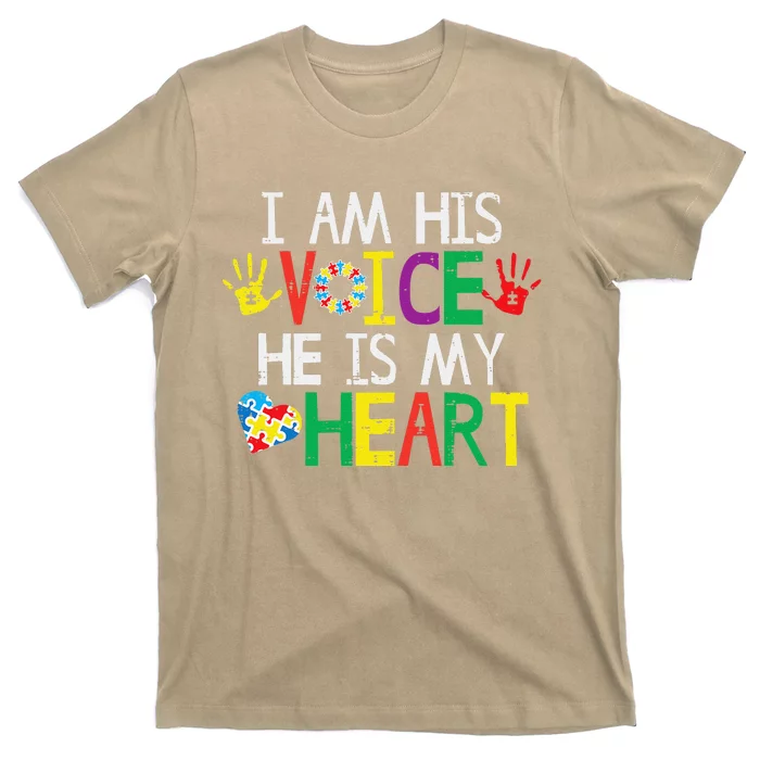 I Am His Voice He Is My Heart Autism Awareness Mom Women Dad T-Shirt