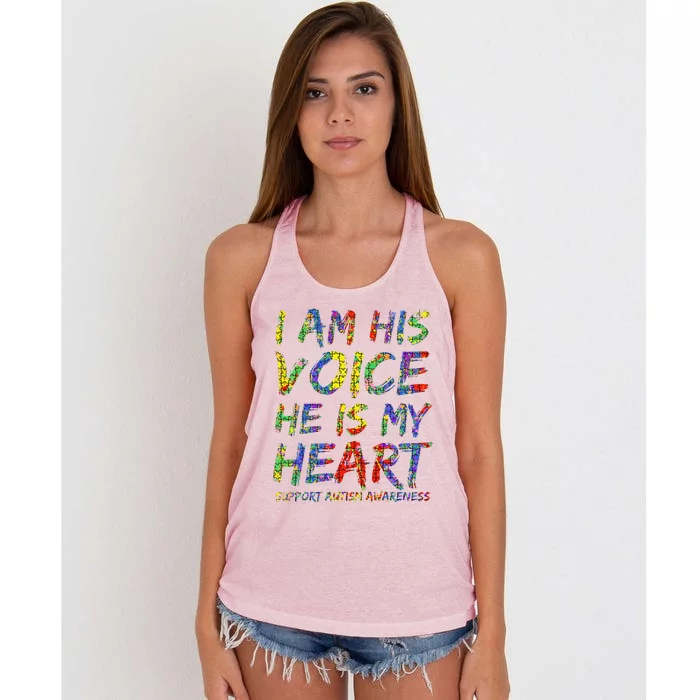 I Am His Voice He Is My Heart Support Autism Awareness Women's Knotted Racerback Tank