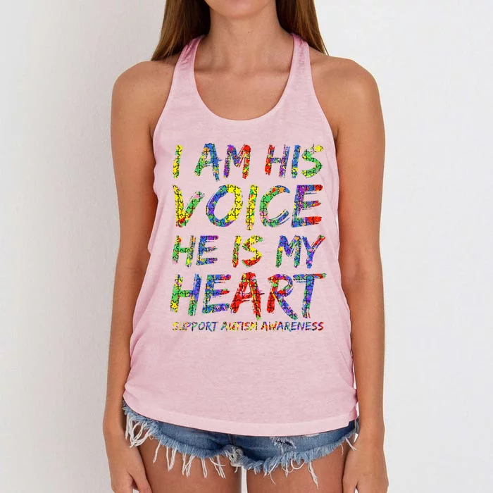 I Am His Voice He Is My Heart Support Autism Awareness Women's Knotted Racerback Tank