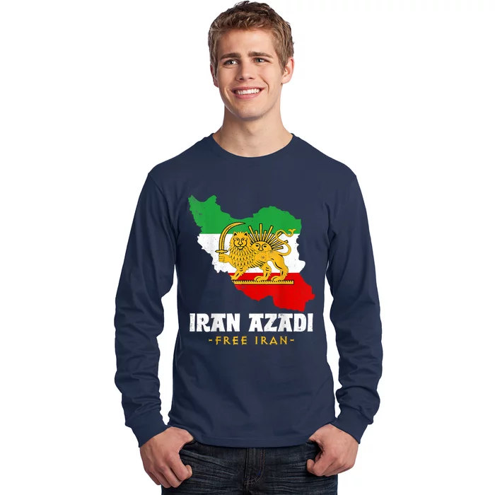 IRAN AZADI Iran Flag Map Lion Sun Sword Free Iran Revolution Long Sleeve Shirt