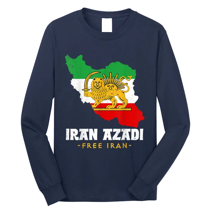 IRAN AZADI Iran Flag Map Lion Sun Sword Free Iran Revolution Long Sleeve Shirt