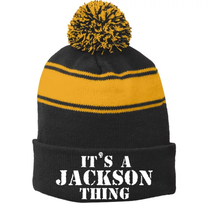 It's A Jackson Thing Funny Vintage Distressed Forename Stripe Pom Pom Beanie