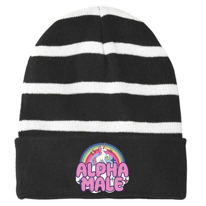 Ironic Alpha Male Unicorn Rainbow Funny Unisex Bella Striped Beanie with Solid Band