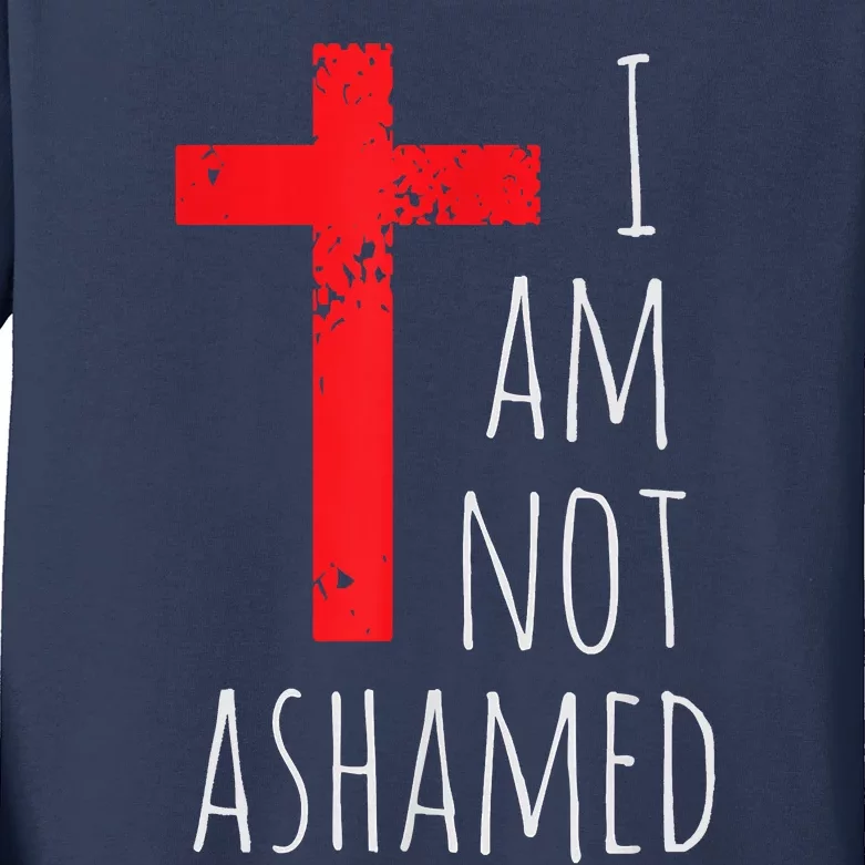 I Am Not Ashamed Big Red Cross Silhouette Image Gospel Kids Long Sleeve Shirt