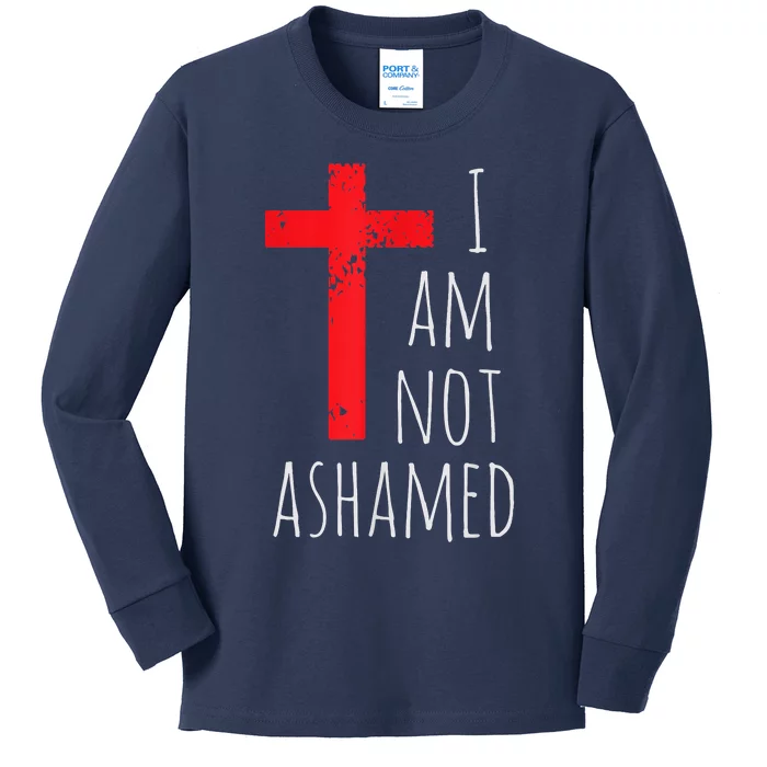 I Am Not Ashamed Big Red Cross Silhouette Image Gospel Kids Long Sleeve Shirt