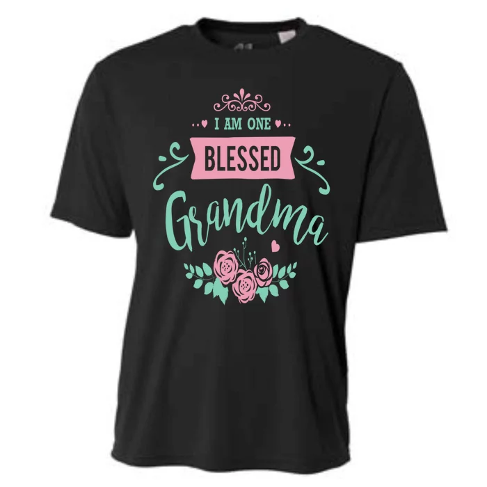 I Am One Blessed Grandma Peach Teal Floral Gift Cooling Performance Crew T-Shirt