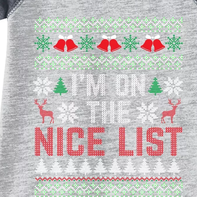 I Am On The Nice List Of Santa Christmas Ugly Sweater Graphic Infant Baby Jersey Bodysuit