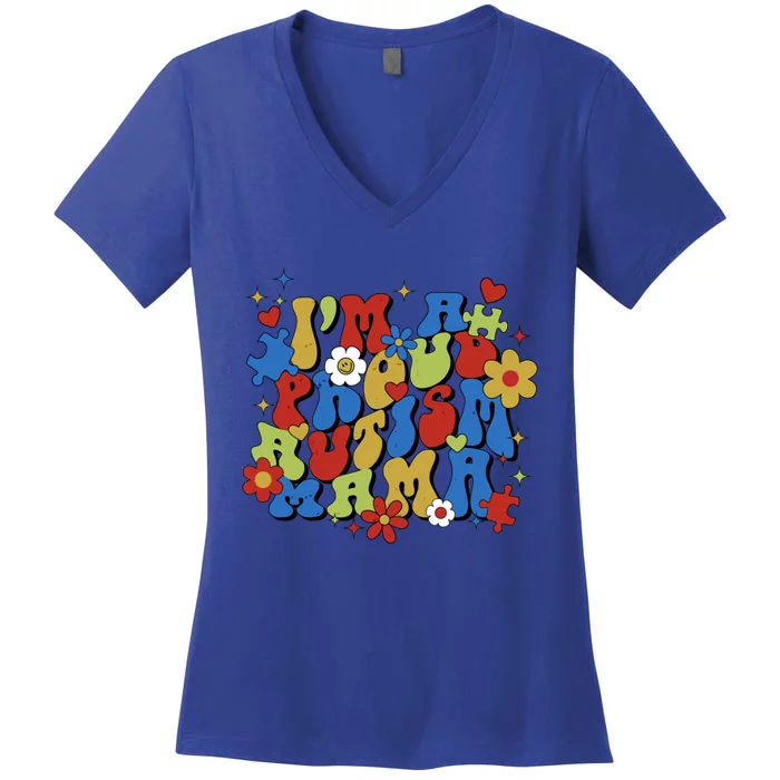 IM A Proud Autism Mama Autism Mom Retro Groovy Mothers Day Gift Women's V-Neck T-Shirt