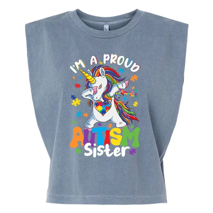 IM A Proud Sister Dabbing Unicorn Autism Awareness Puzzle Gift Garment-Dyed Women's Muscle Tee