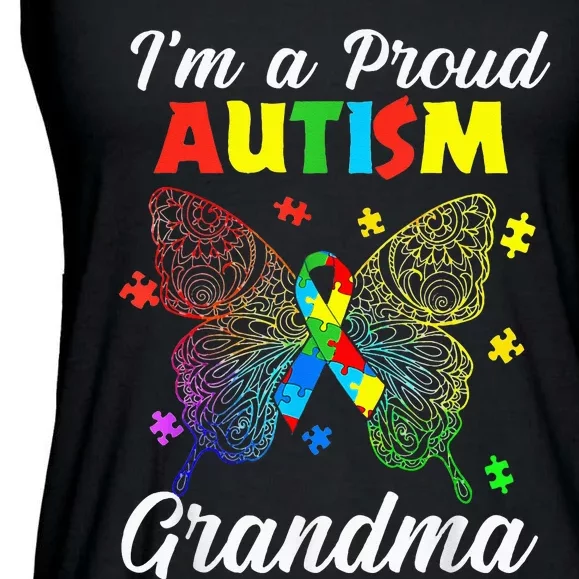 Im A Proud Autism Grandma Puzzle Ribbon Butterfly Awareness Ladies Essential Flowy Tank