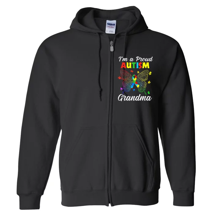 Im A Proud Autism Grandma Puzzle Ribbon Butterfly Awareness Full Zip Hoodie