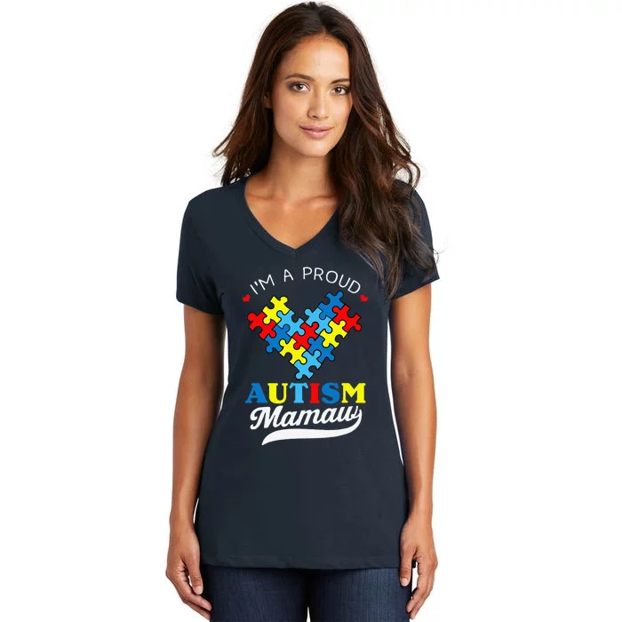 I'm A Proud Mamaw Autism Awareness Heart Autistic Grandchild Women's V-Neck T-Shirt