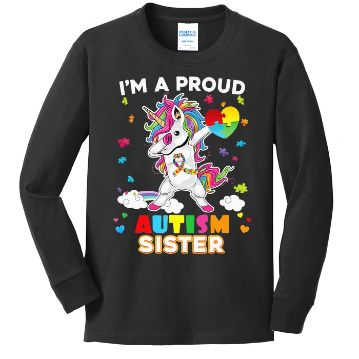 I'm A Proud Sister Dabbing Unicorn Autism Awareness Puzzle Kids Long Sleeve Shirt