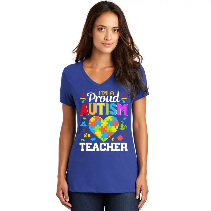 Im A Proud Autism Teacher Heart Puzzle Pieces Support Gift Women's V-Neck T-Shirt