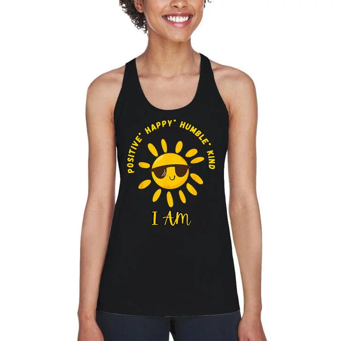 I AM positive energy design with sunshine wearing sunglasses Women's Racerback Tank