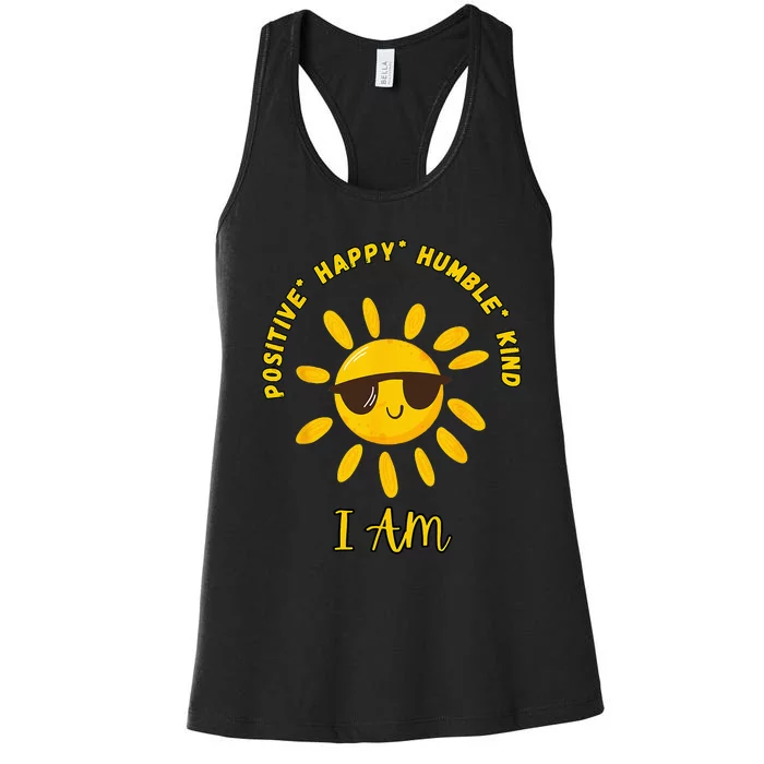 I AM positive energy design with sunshine wearing sunglasses Women's Racerback Tank