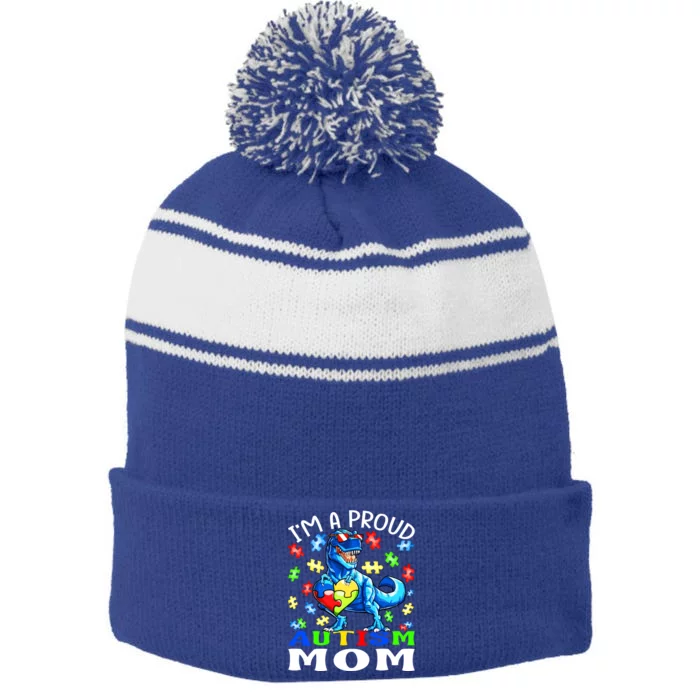 I'm A Proud Autism Mom Dinosaur Gift Stripe Pom Pom Beanie