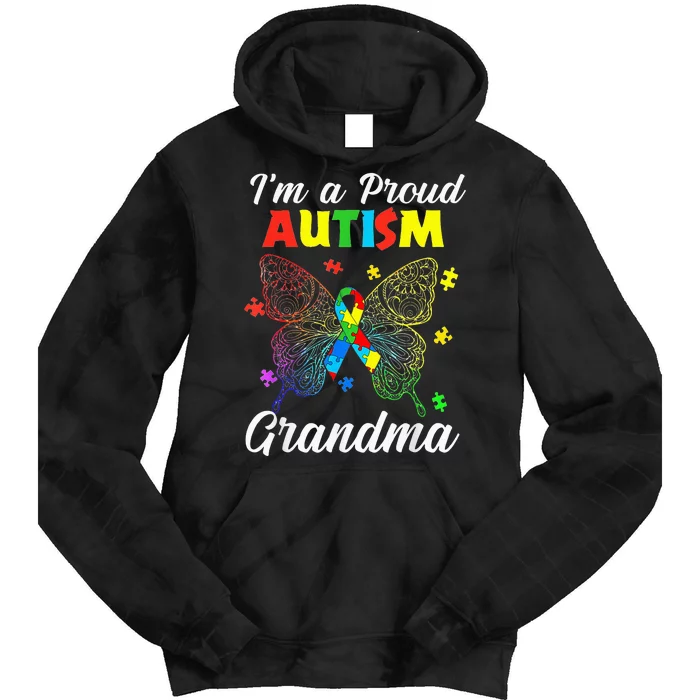 I'm A Proud Autism Grandma Puzzle Ribbon Butterfly Awareness Tie Dye Hoodie