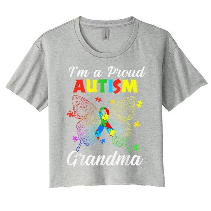 I'm A Proud Autism Grandma Puzzle Ribbon Butterfly Awareness Women's Crop Top Tee