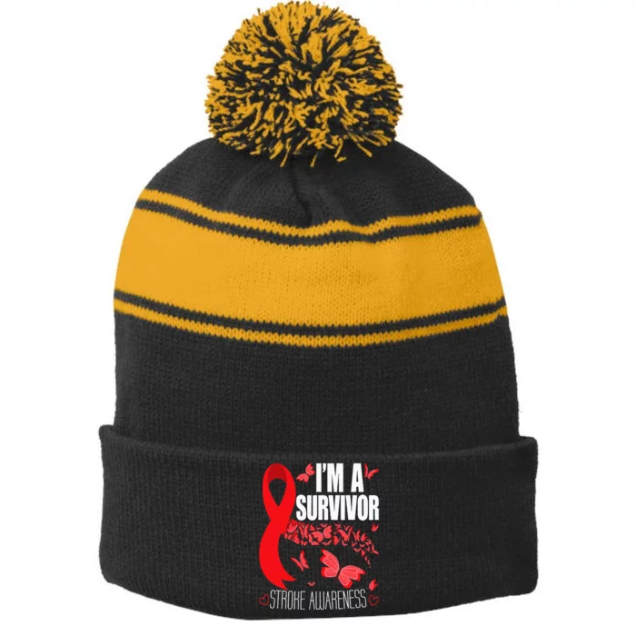 Im A Survivor Stroke Awareness Red Ribbon Brain Attack Stripe Pom Pom Beanie