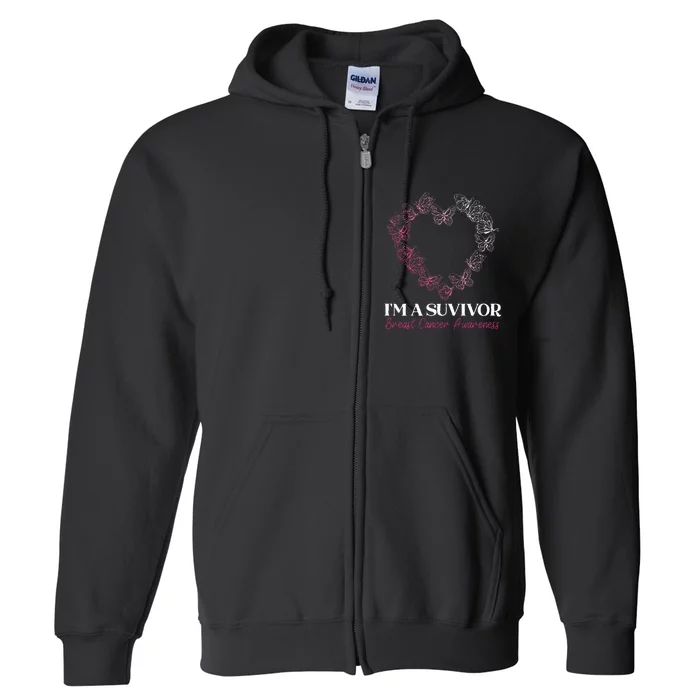 I'm A Survivor Breast Cancer Awareness Pink Butterfly Heart Full Zip Hoodie