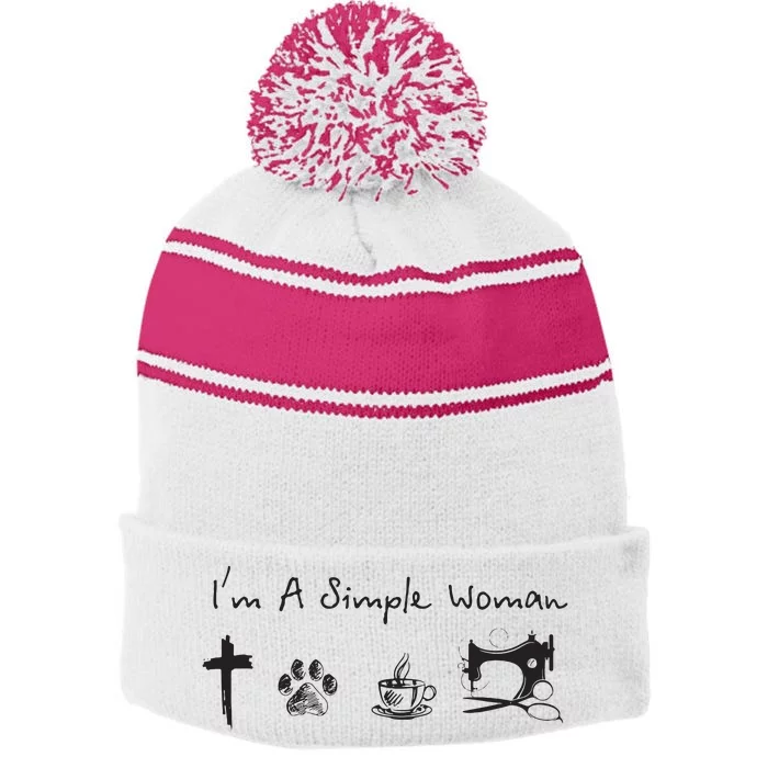 Im A Simple Woman Jesus Dog Coffee Sewing Stripe Pom Pom Beanie