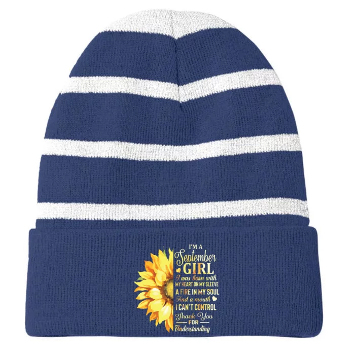 Im A September Girl Sunflower Birthday Striped Beanie with Solid Band