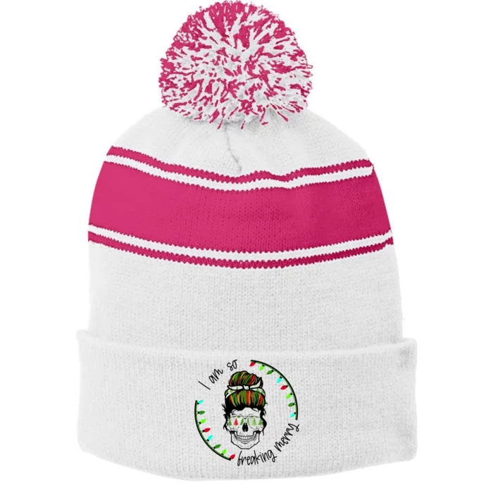 I Am So Freaking Merry Skull Light Xmas Gift Stripe Pom Pom Beanie